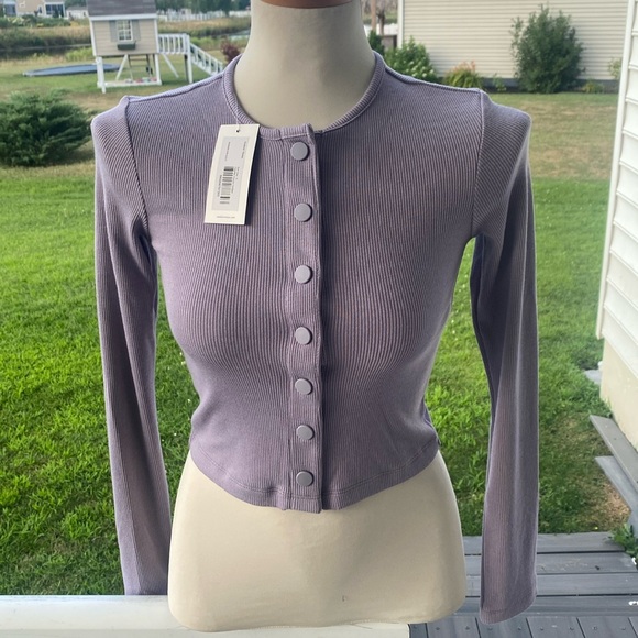 Outdoor Voices earl gray cozy ribbed cropped snap up cardigan size small - Picture 3 of 7